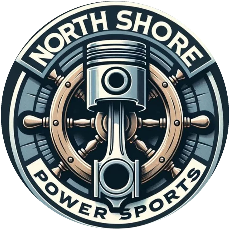North Shore Powersports logo: marine wheel and engine piston
